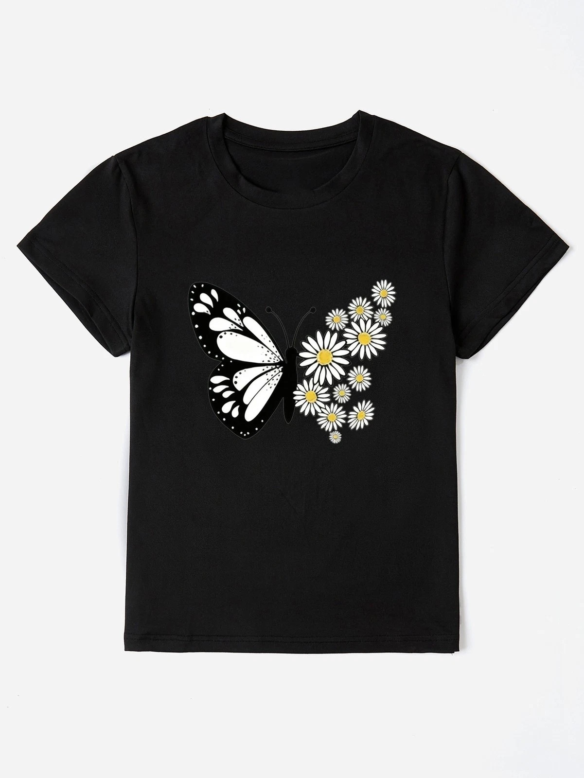 Women Daisy Floral Graphic T-Shirt Summer Flower Casual Crew Neck Tee Top