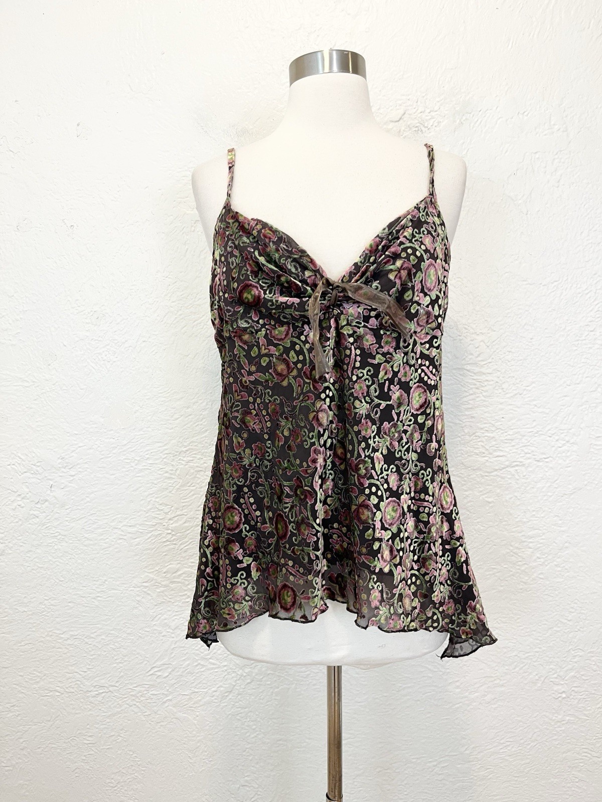 Vintage 90s y2k Floral Velvet Burnout Top Brown Green Babydoll M/L My Michelle