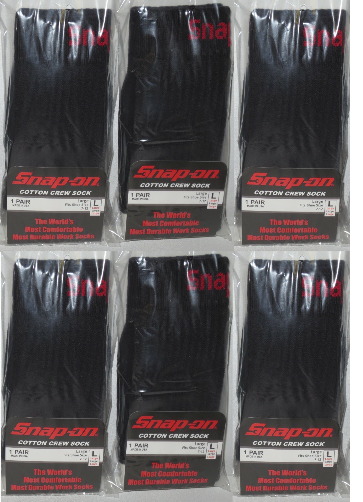 6 PAIRS – Snap-On Crew Socks Men’s BLACK – LARGE ~ FREE SHIP ~ MADE IN USA *NEW*