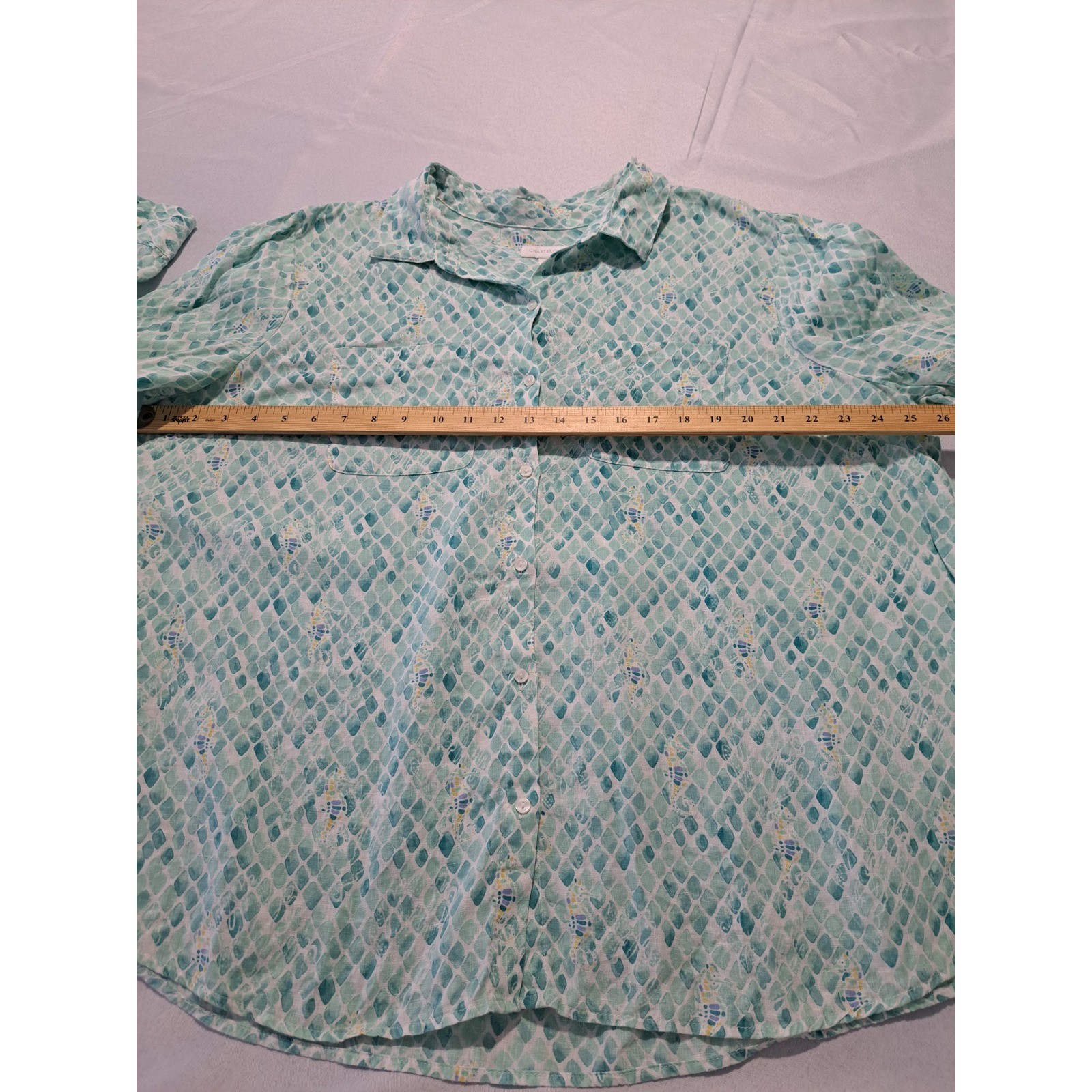 Charter Club XXL Teal Seahorse Scale Print Linen Blend Button Down Shirt Mens