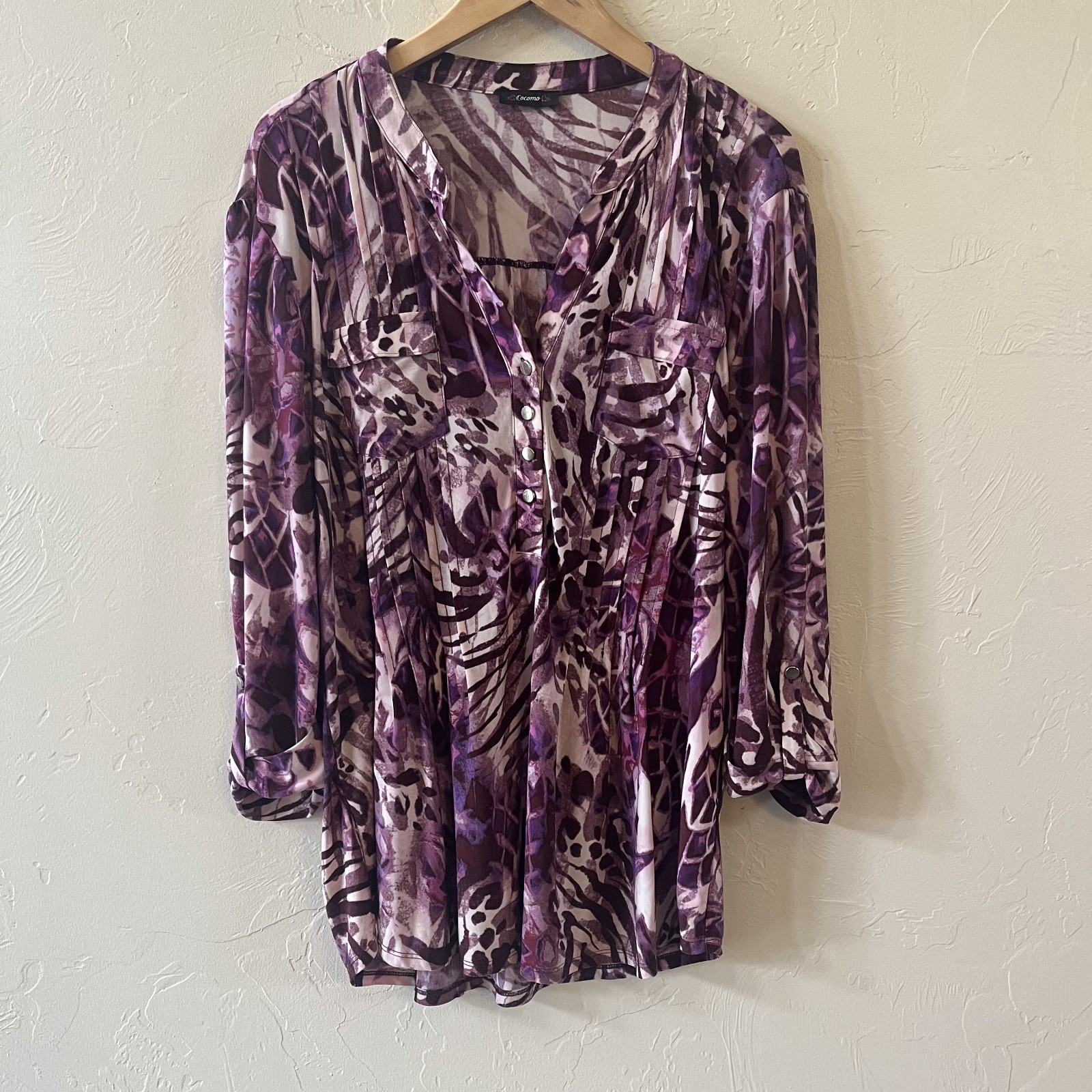 Cocomo Size XL Black Purple Leopard Abstract 3/4 Sleeve Stretch Blouse Tunic