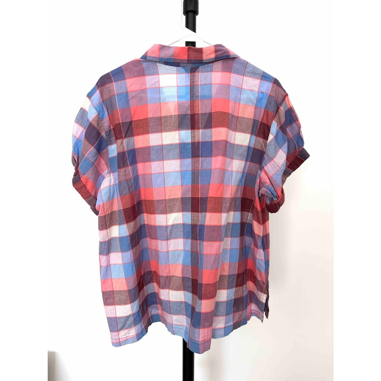 NWT Eddie Bauer Packable Camp Shirt XL Plaid Coral Blue Cottagecore Outdoorsy