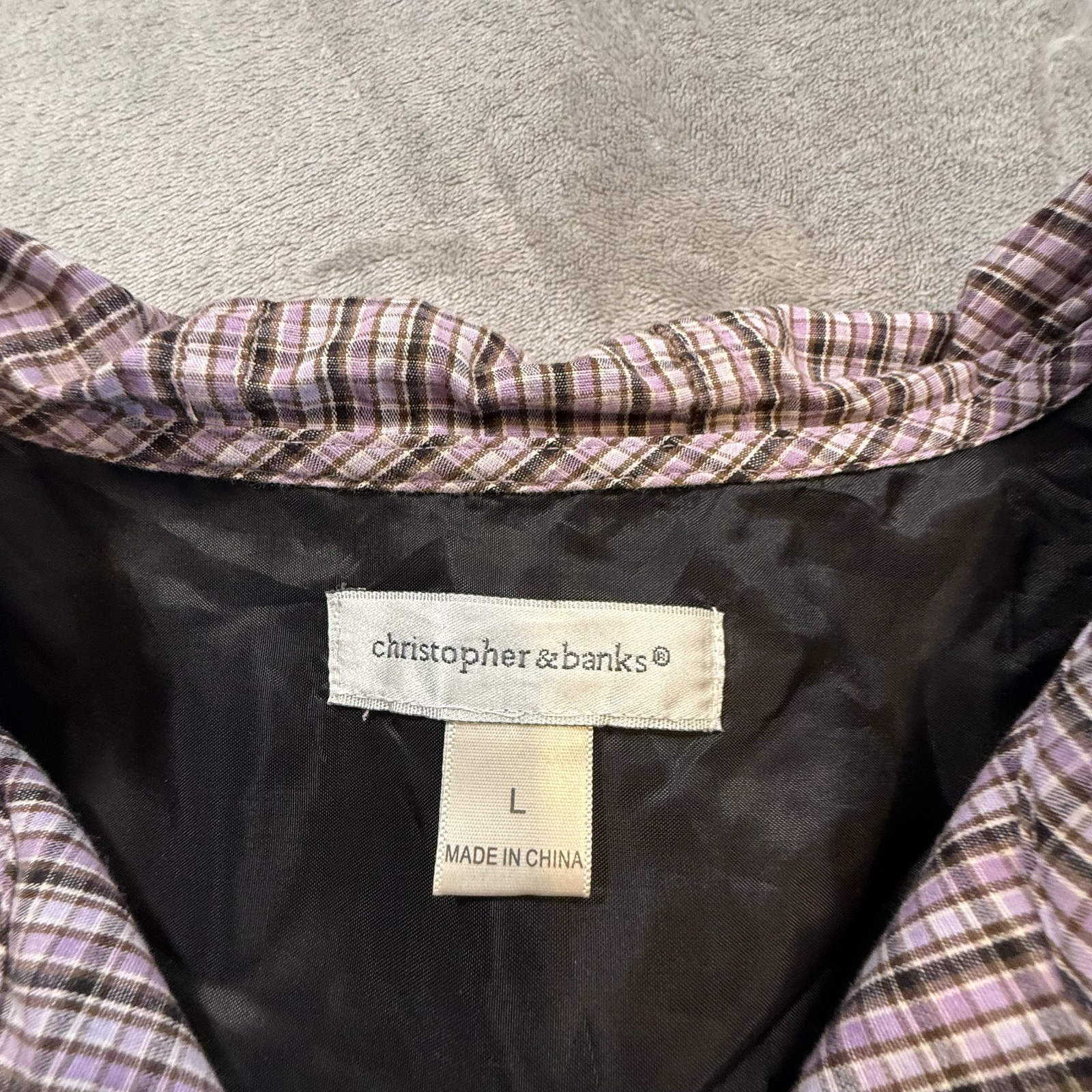 Christopher & Banks Womens Purple Plaid Hooded Zip Up Vest Large L Pocketed