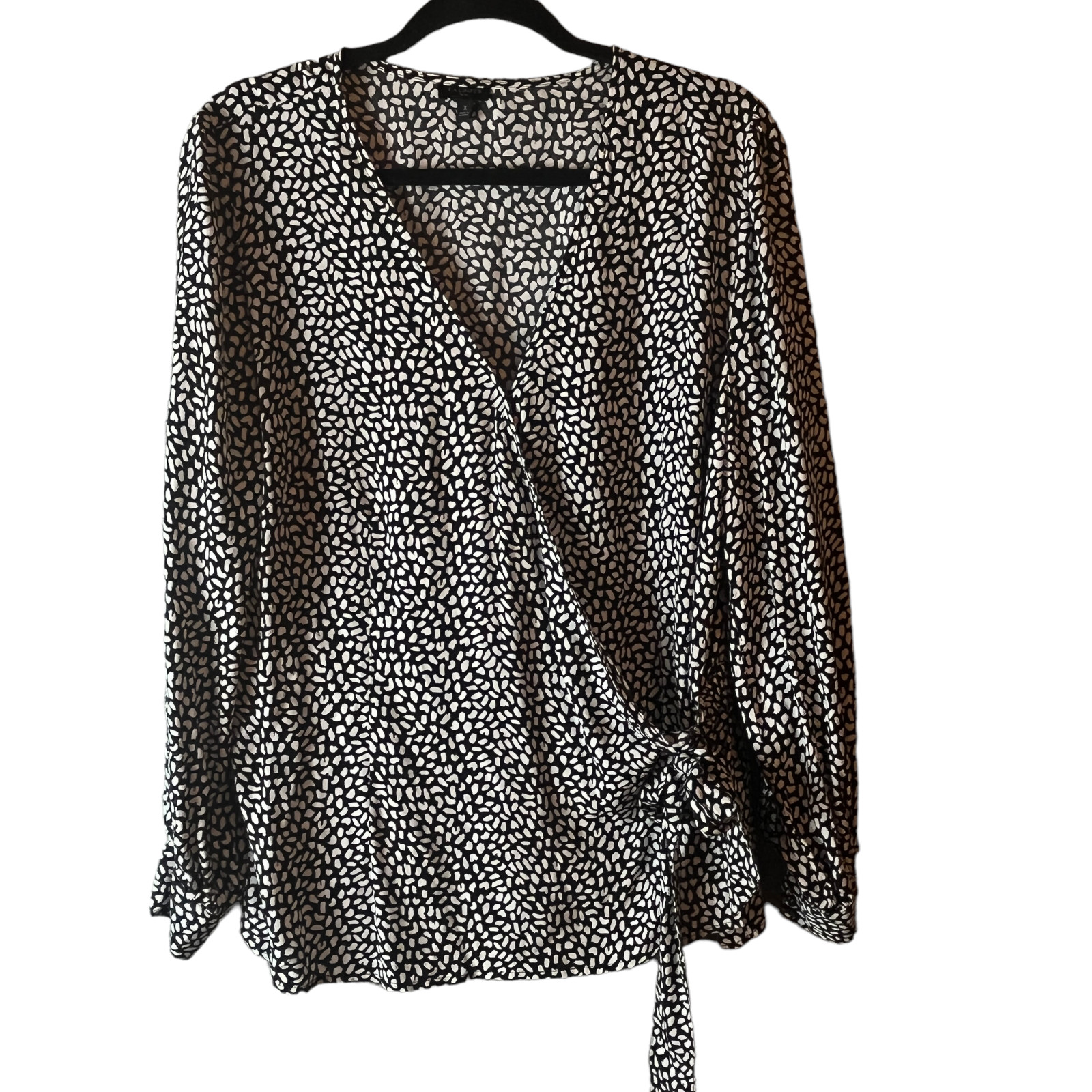Talbots Faux Wrap Top Spot Print Long Sleeve Blouse Black White Plus Size X