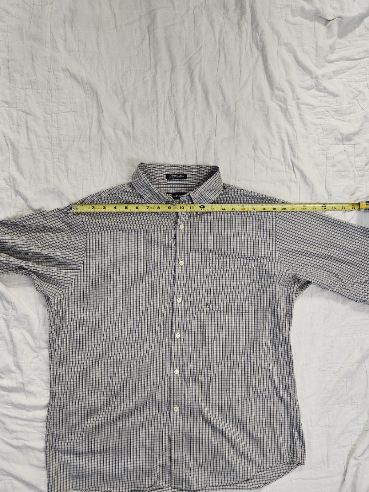 Chaps Mens Dress Shirt 16 16.5 32/33 Classic Fit Twill Plaid Wrinkle Free Blue