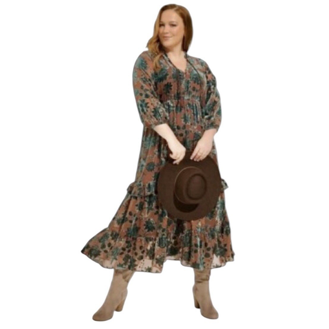 Torrid Sadie Floral Maxi Velvet Burnout Ruffle Dress Brown Teal Size 2X Read