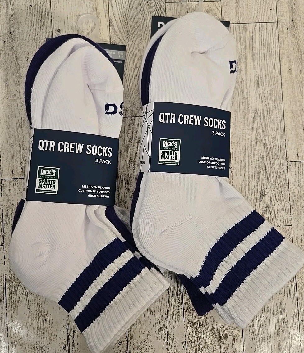 Mens Quarter Crew Socks M or L 3pk Cushioned Purple Baseball Stripe Lot of 2 NEW