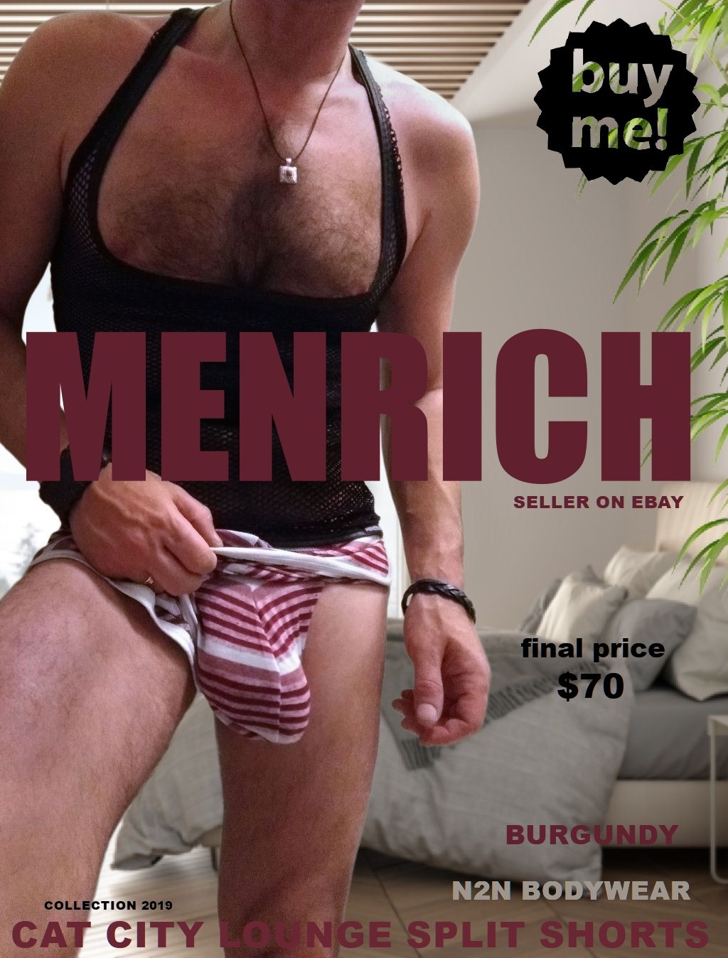 N2N BODYWEAR CAT CITY LOUNGE SPLIT SHORTS. BURGUNDY. SMALL. NWT. RARE 🌈 GAY