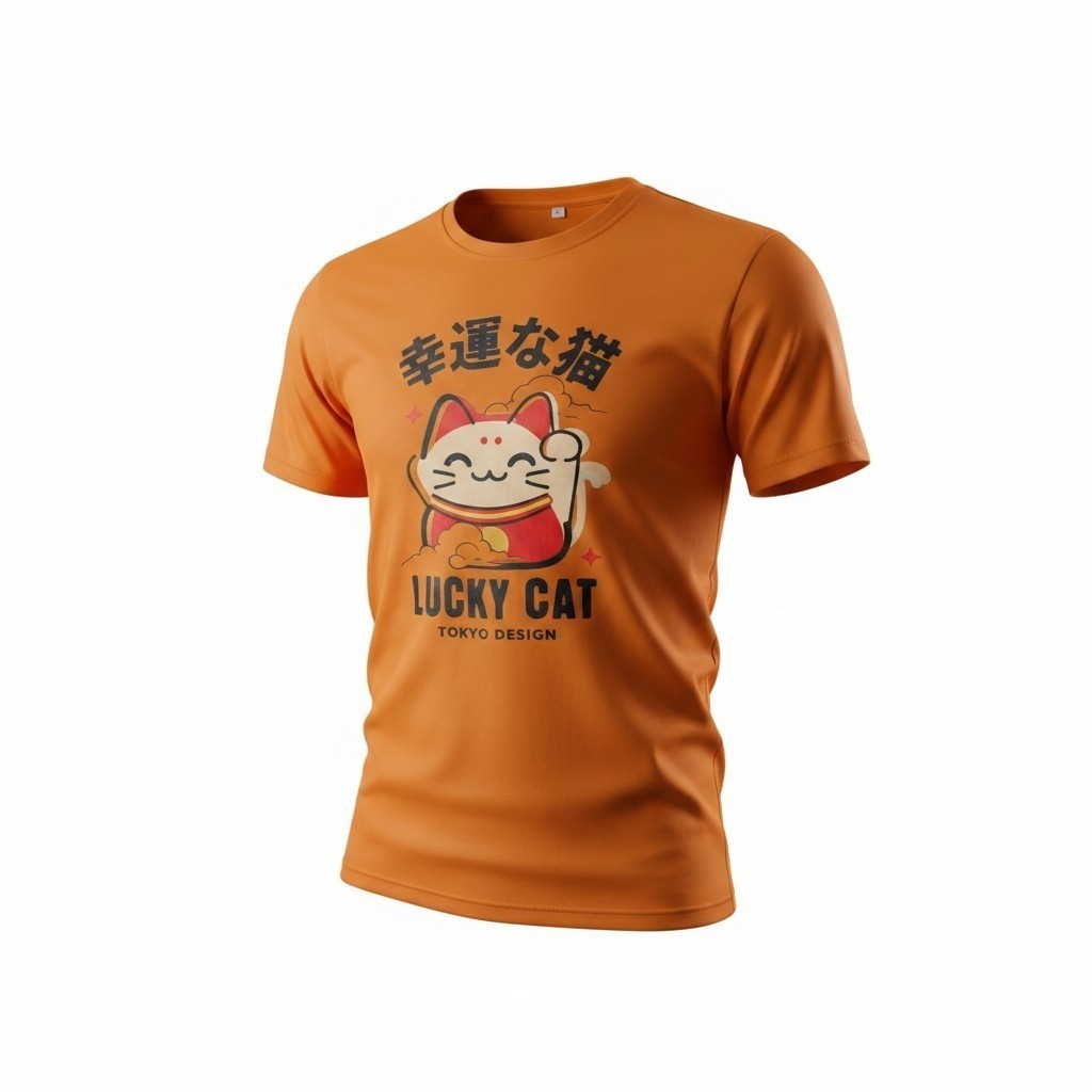 Lucky Cat Tokyo Design Adult Large Unisex T-shirt Orange