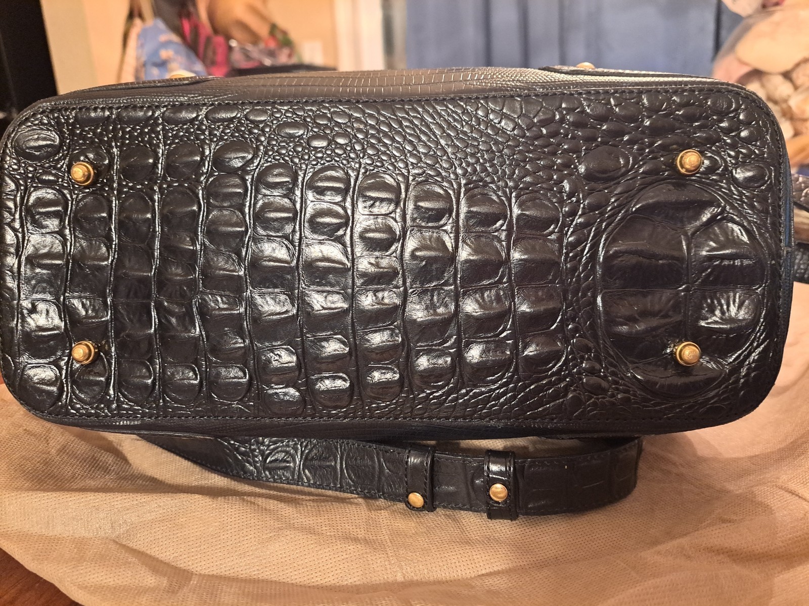 Brahmin Black Alligator Embossed Shoulder Bag w/ Shoulder Strap Gold Hardware