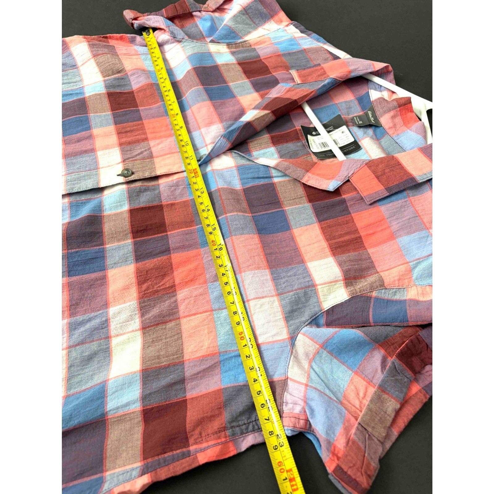 NWT Eddie Bauer Packable Camp Shirt XL Plaid Coral Blue Cottagecore Outdoorsy