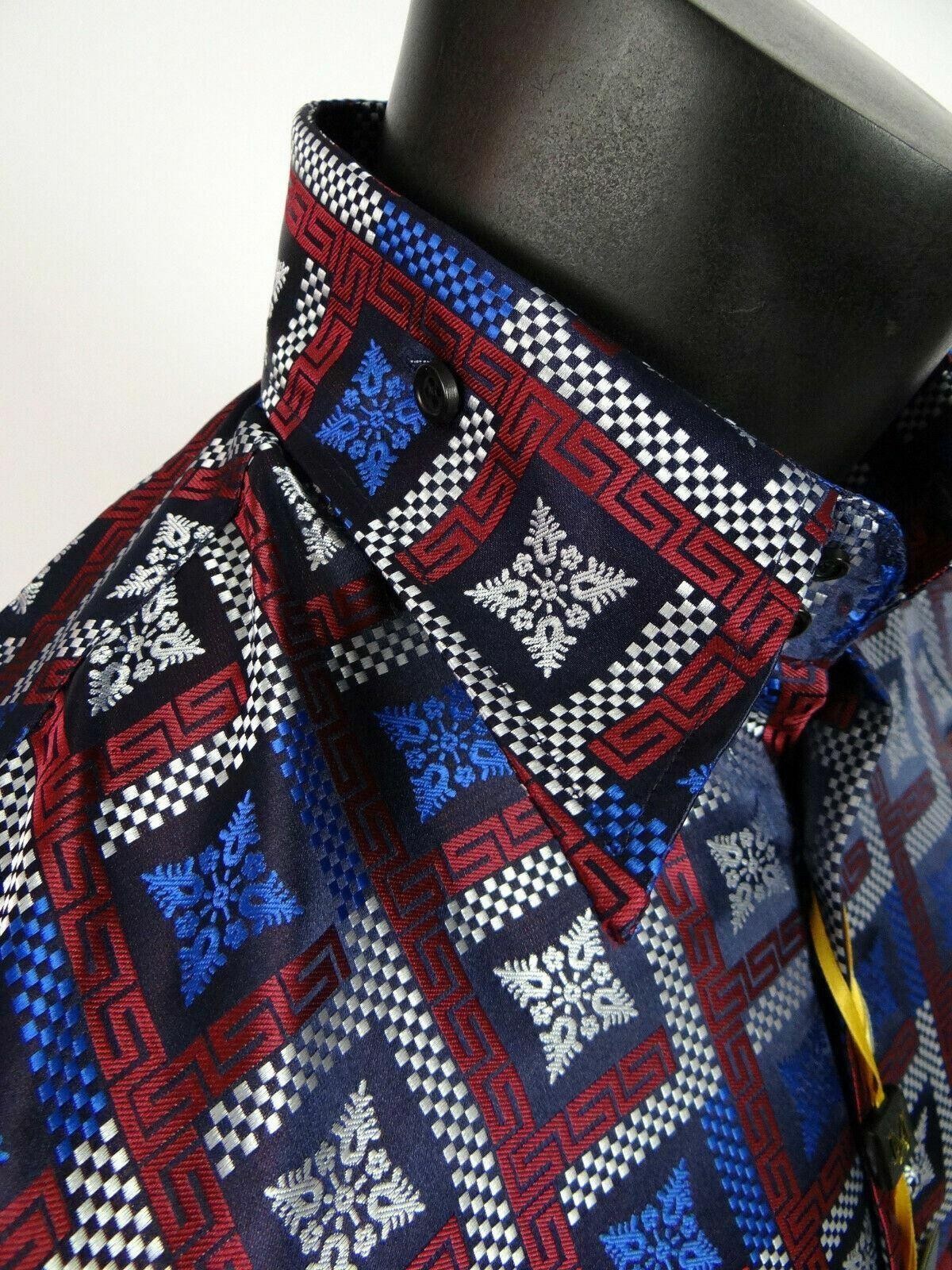 Mens Manzini Shirt Blue Silver Burgundy Italian Florals Cuff Links Button Front