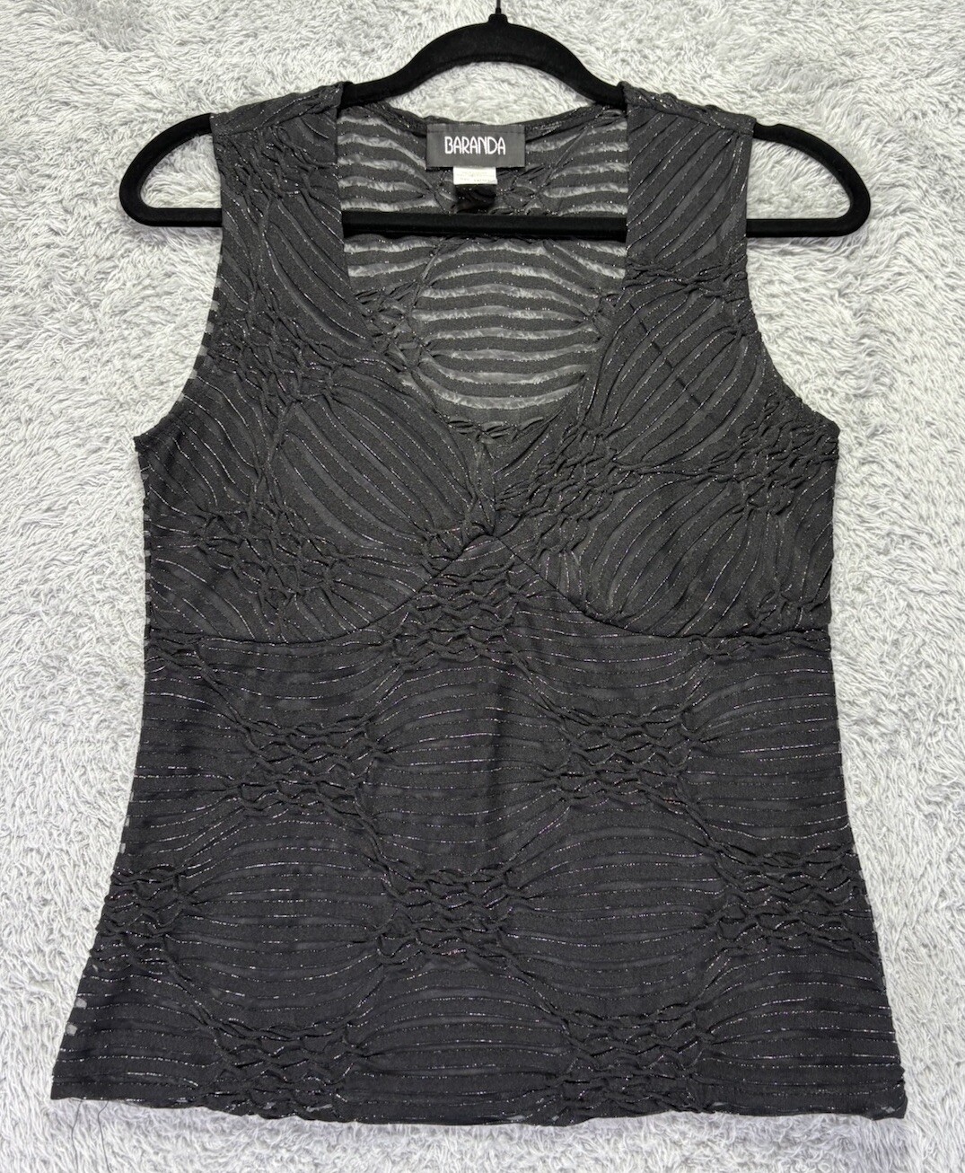 Vintage Baranda Y2K Black Tank Top Sheer Small Glitter Low Cut 90’s Babydoll