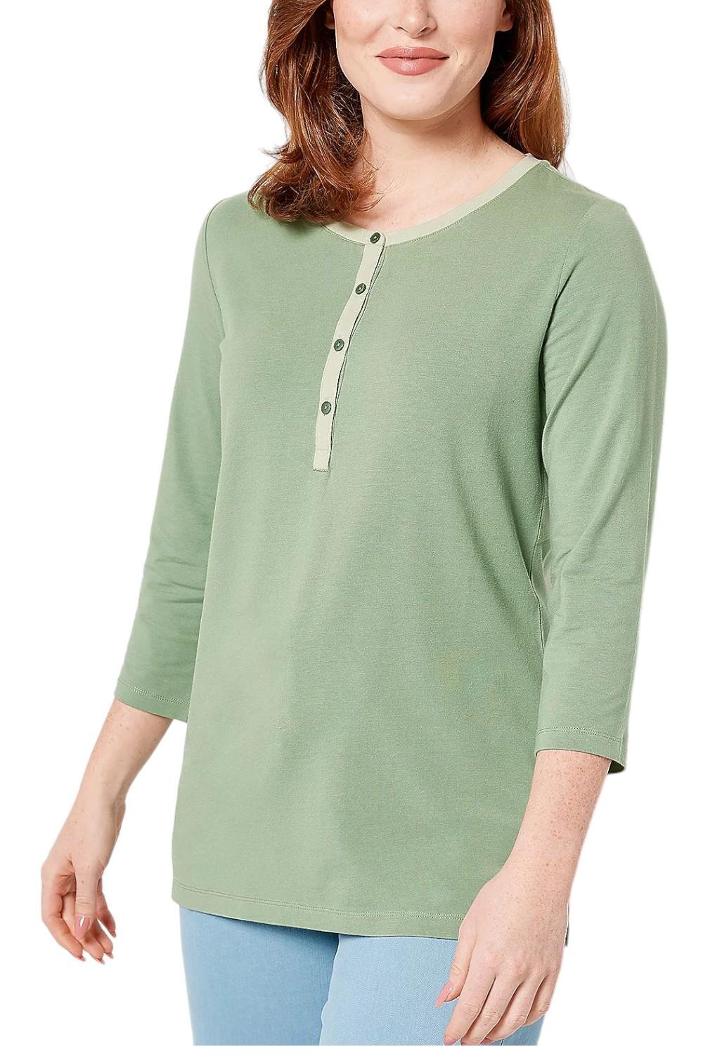 Isaac Mizrahi Live! 3/4 Sleeve Henley Top w/ Contrast Trim Eucalyptus