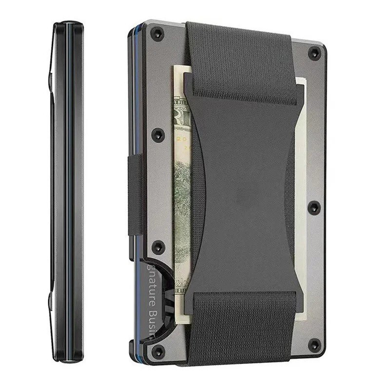 Leatherboss Slim Wallets for Mens Metal Wallet with Cash Strap Thin Minimalist