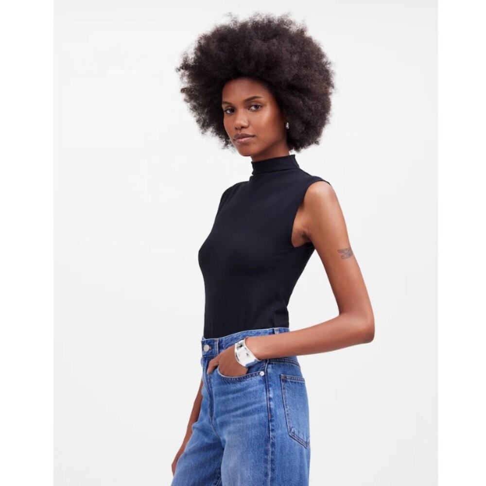 Madewell Funnel Neck TEE Black XXS Cropped Muscle Tee Tank Stretch NWT