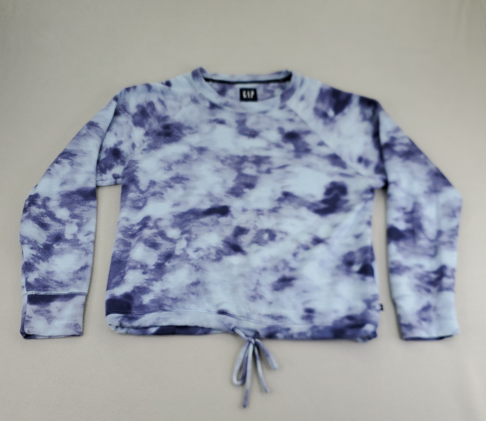 GAP Pullover Sweatshirt Womens M Blue Purple Tie Dye Soft Raglan Drawstring Hem