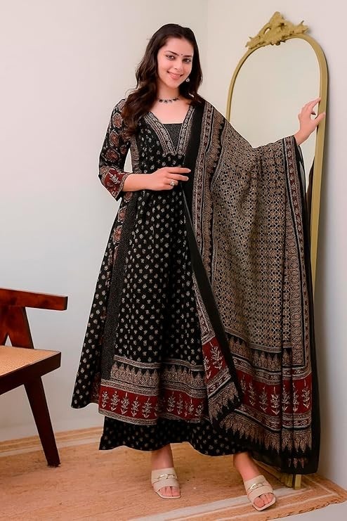 Women’s Rayon Printed Anarkali Kurta and Pant with Dupatta Set