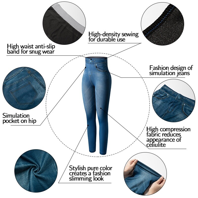 High Waist Jeggings Faux Denim Jeans Leggings Tummy Control Printed Pencil Pants