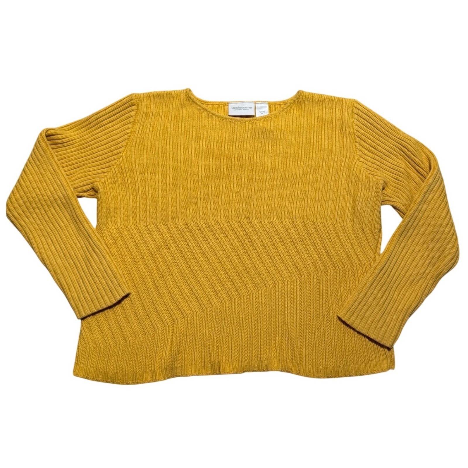 Liz Claiborne Lizsport Petite Yellow Cotton Ribbed Knit Sweater Medium