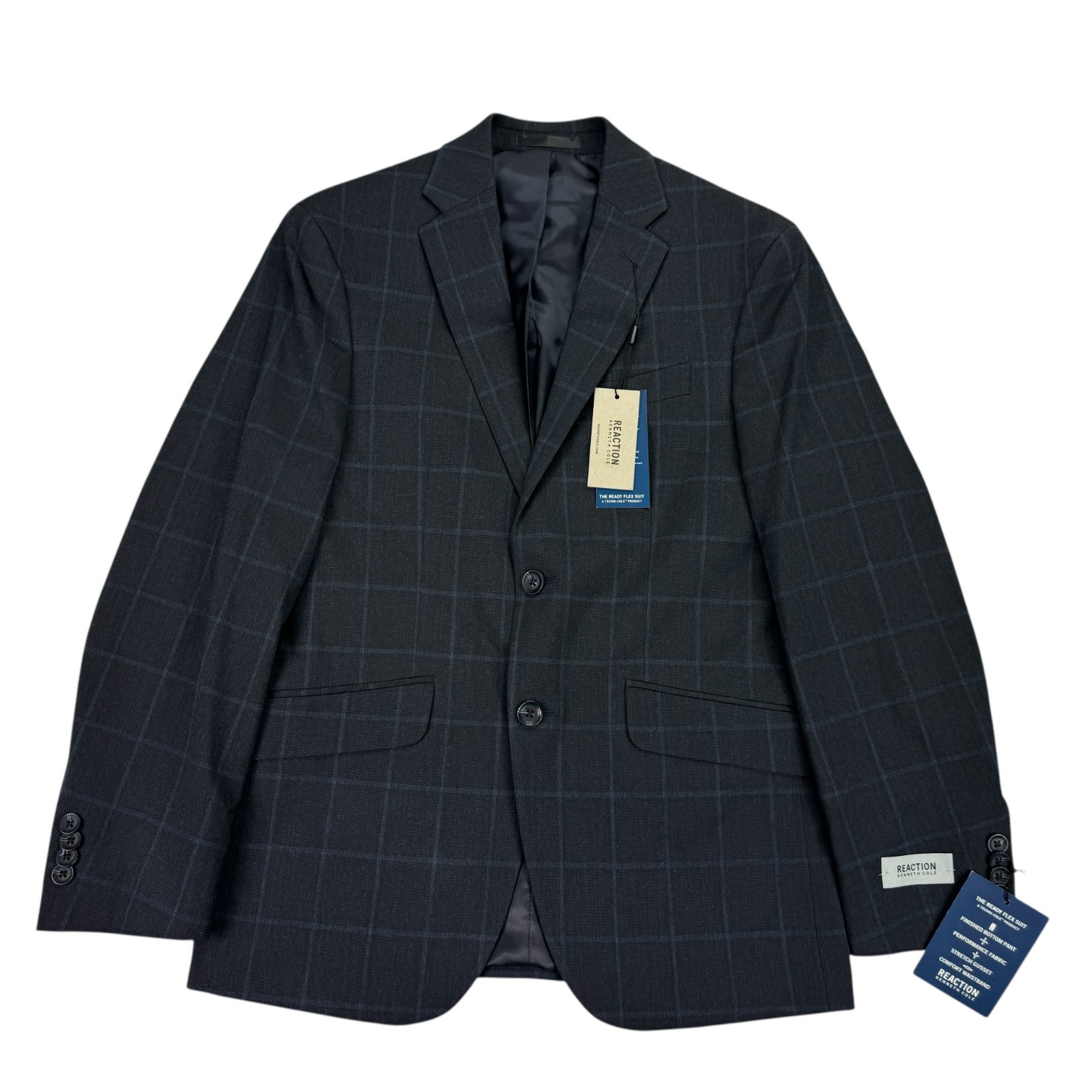 Kenneth Cole Mens 2-Piece Slim Fit Ready Flex Windowpane Suit Dark Blue 36S 29W