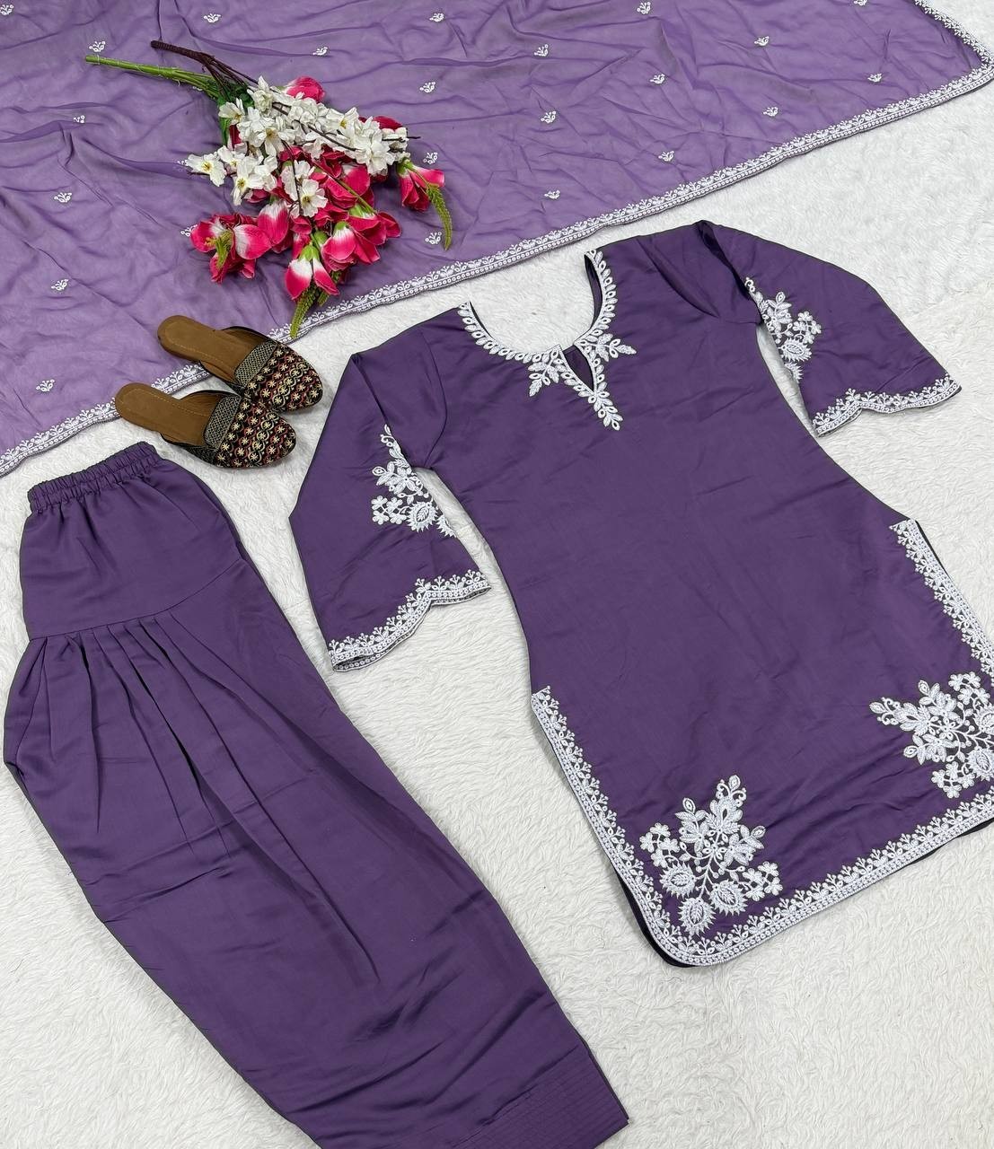 Designer Roman Cotton Purple Farshi Salwar Kameez With Dupatta For Festival