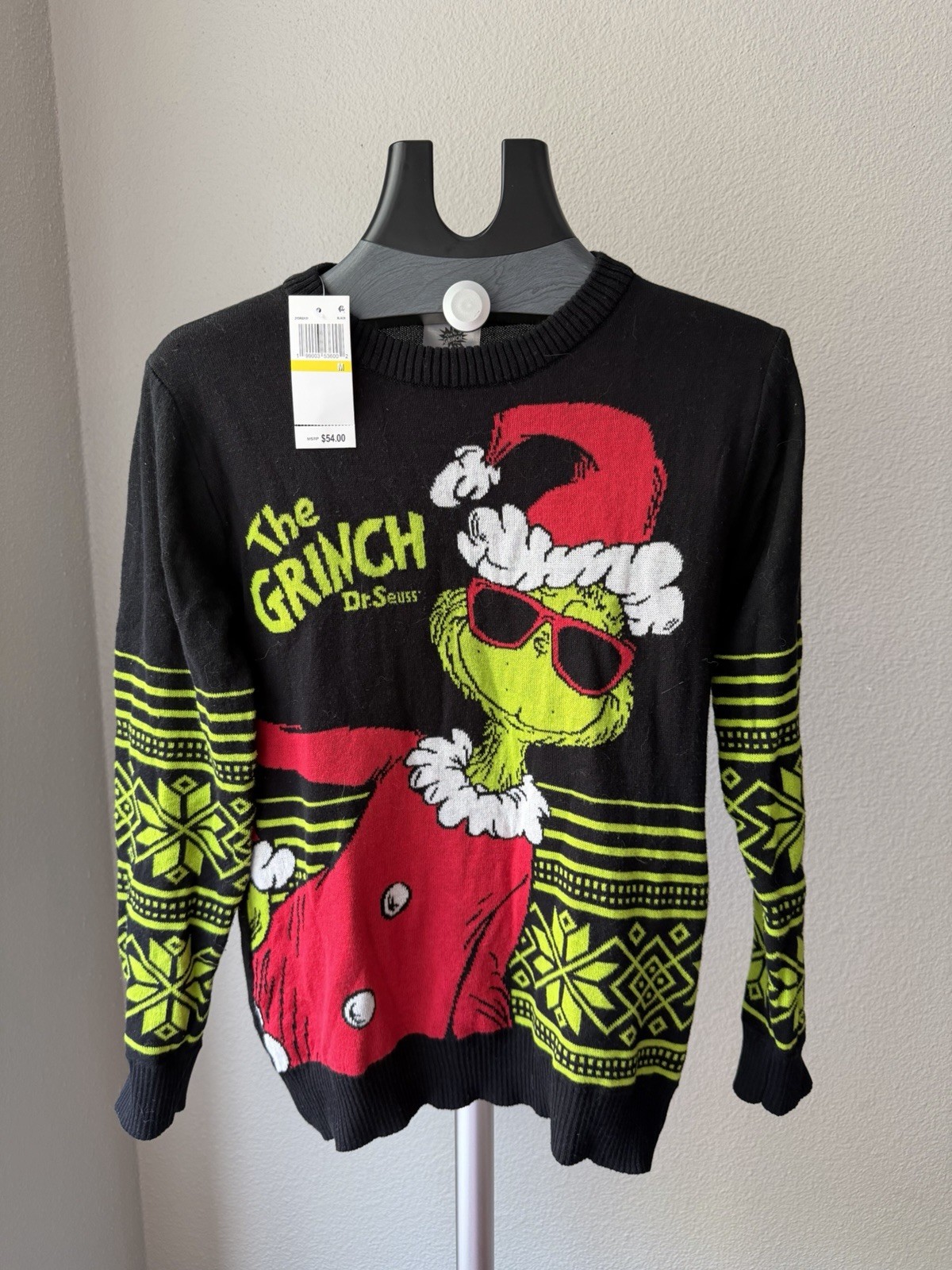 Dr. Seuss Grinch Christmas Knit Pullover Sweater Crew Neck Black Kids M