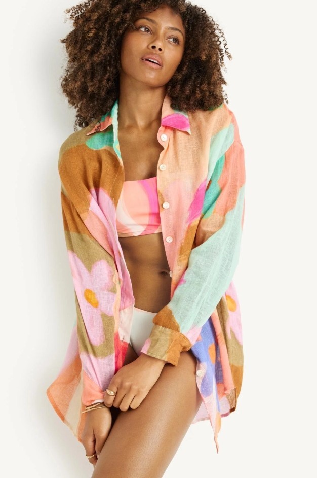 Playa Linen Boyfriend Shirt – In Bloom Colorblock EcoLinen-our best-selling.