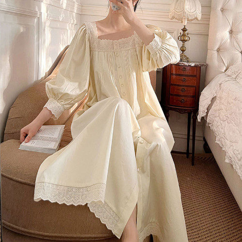 Victorian Night Dress Women Spring White Pure Cotton Long Sleeve PeignoirVintage