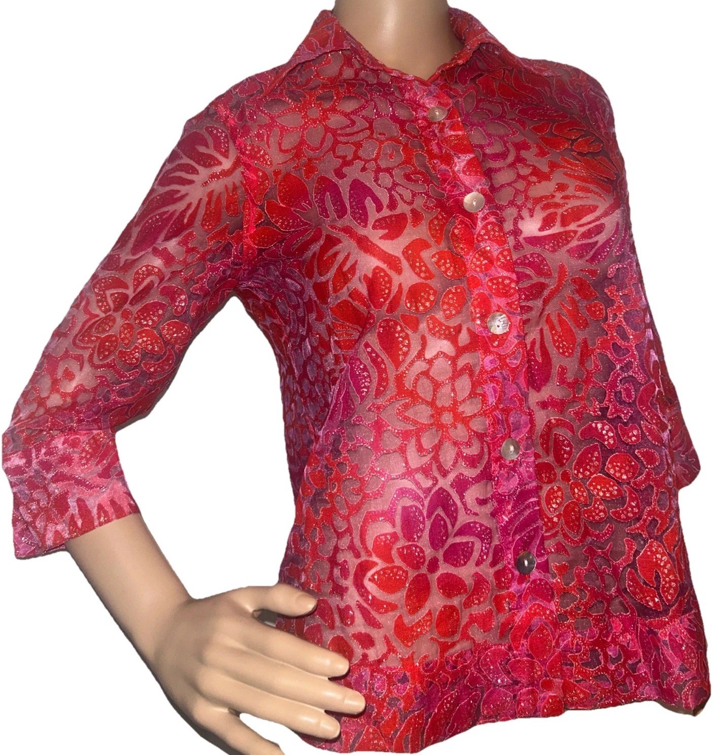 Vintage Hearts of Palm Petite Pink Floral Burnout Velvet Blouse Top 4P