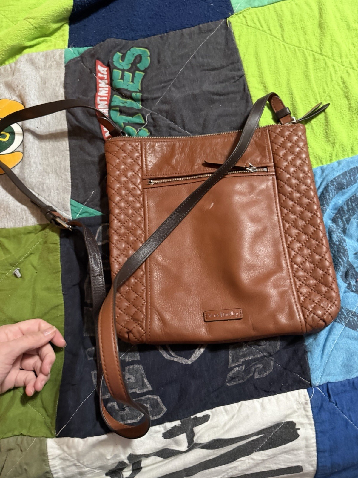 Vera Bradley Brown Crossbody Bag Zip Closure Silver Hardware Pockets Adj Strap