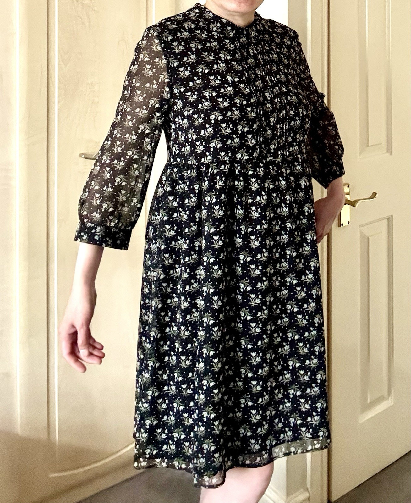UNIQLO Black Floral Chiffon Smock Dress Sheer 3/4 Sleeves Lined UK 10 12