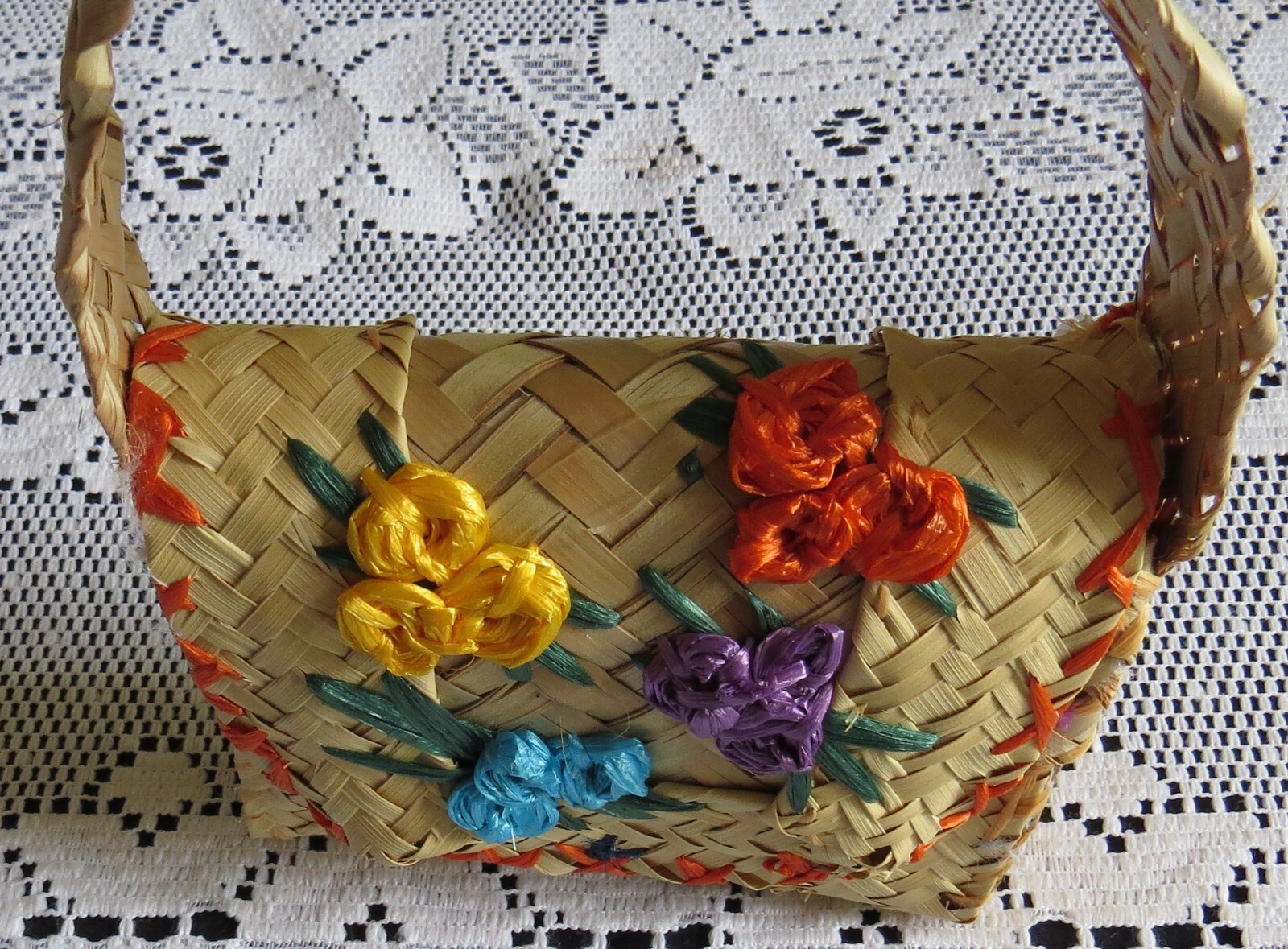 Handwoven Bahamas Straw Handbag Purse Rattan Floral Accents 5 – 1/4″ x 11 – 1/2″