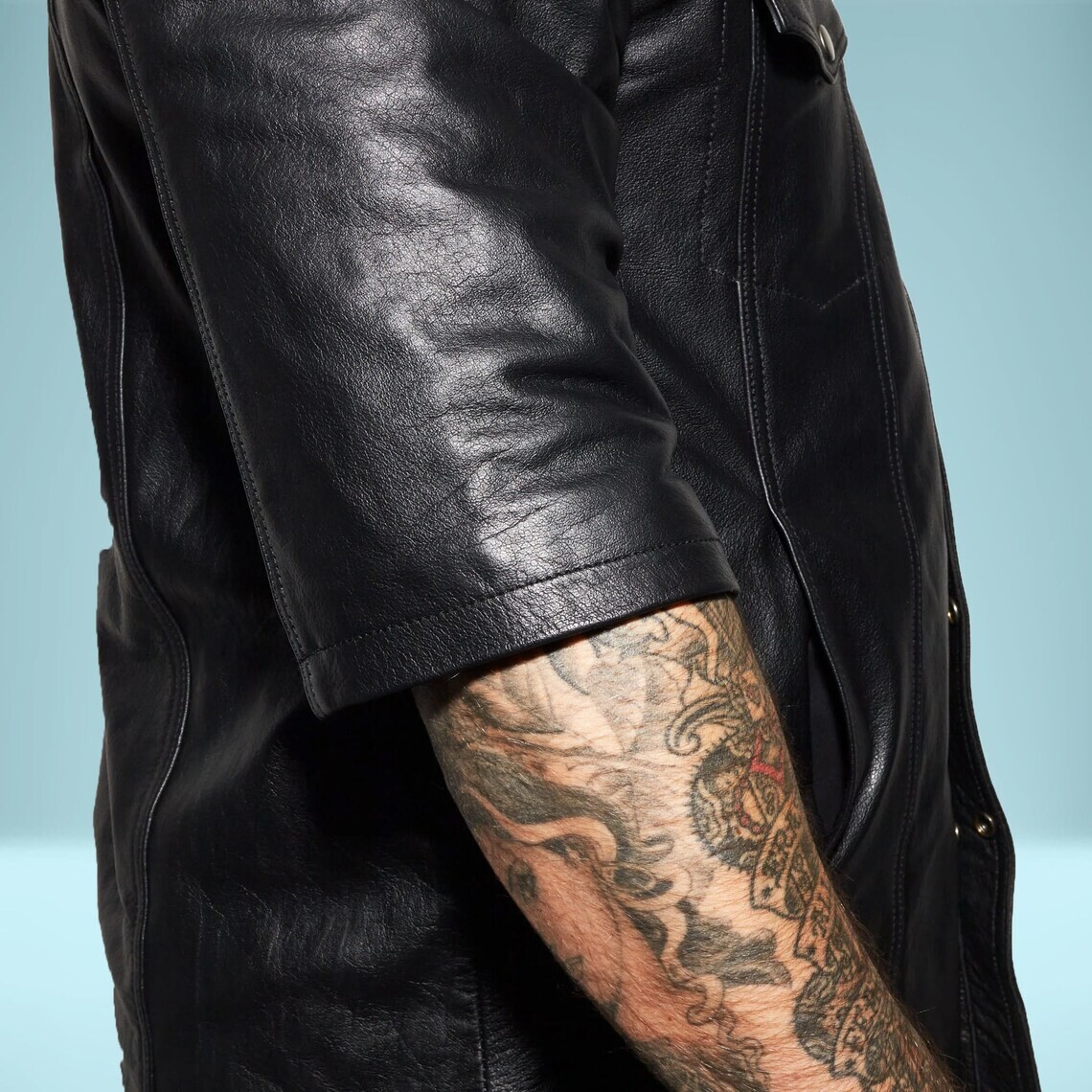 Men’s Real Cow Leather 3/4 Short Sleeves Shirt Round Neck Leather Shirt