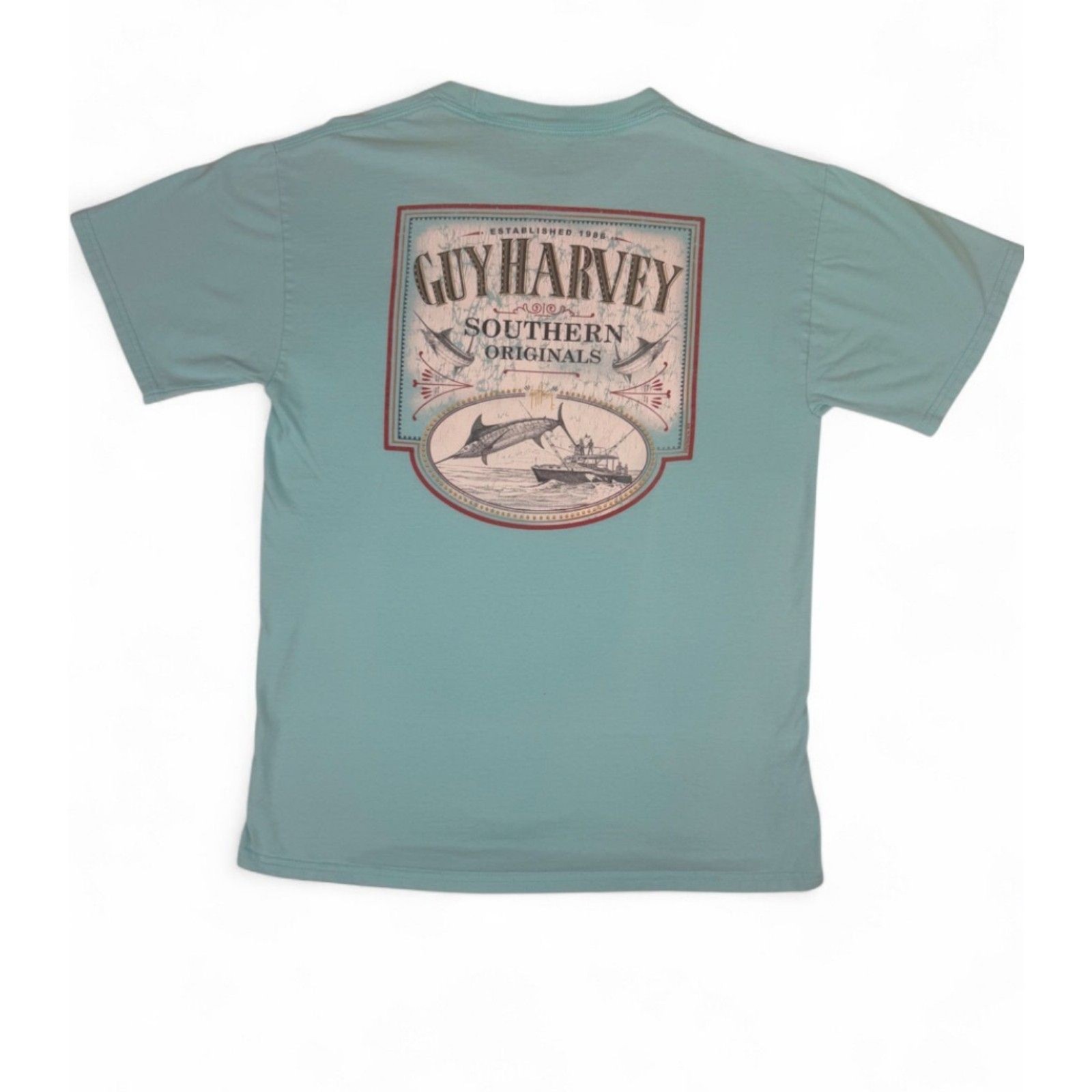 Guy Harvey Southern Originals Pocket Tee Marlin Fishing Aqua Medium