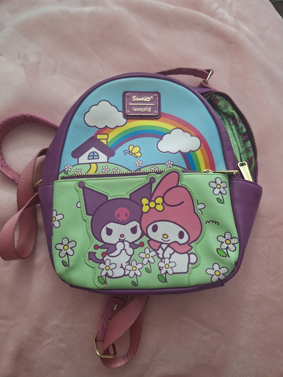 Loungefly Womens Backpack Purple Light Blue My Melody Kuromi Rainbow Faux