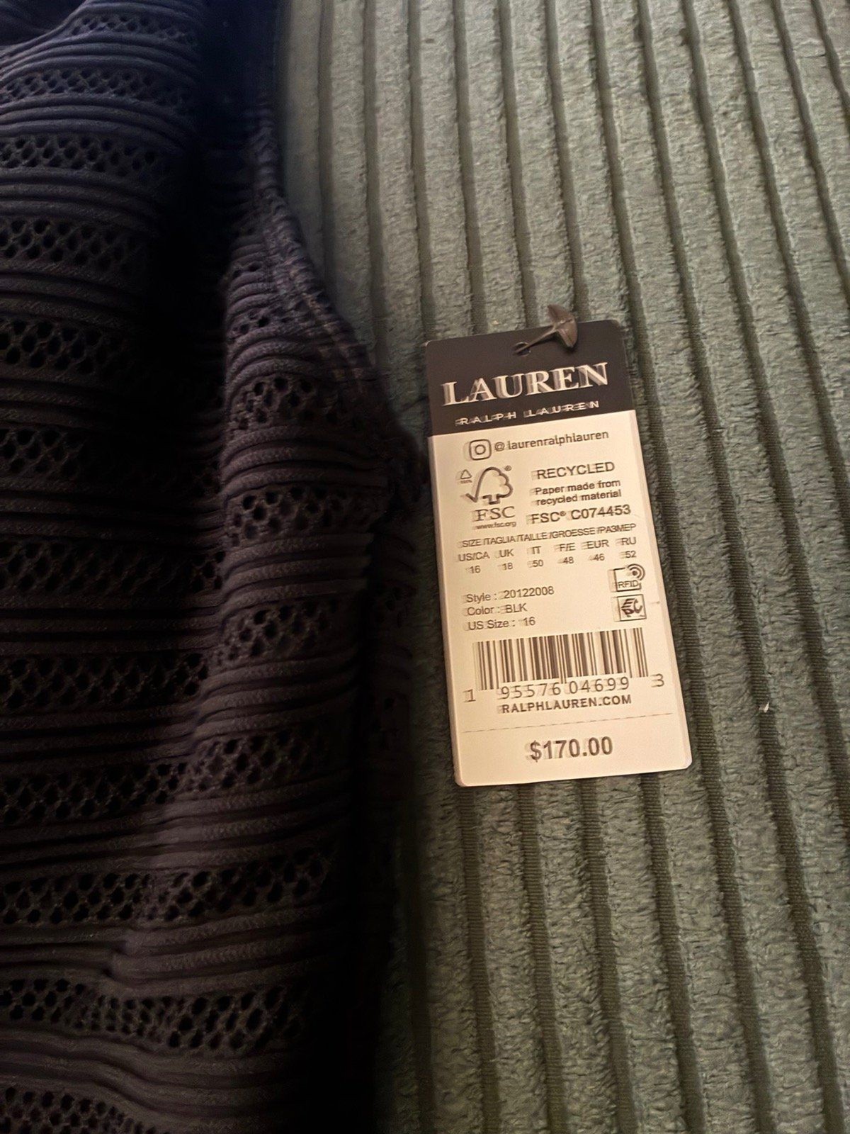 NWT Lauren Ralph Lauren Black Ottoman Boatneck Mesh One Piece Swimsuit 16