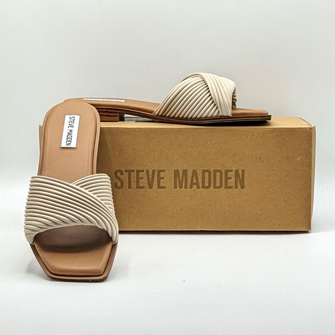 Steve Madden “LIMITT” Women’s Textured Cris-Cross Flat Mule Sandal (Bone) – NEW