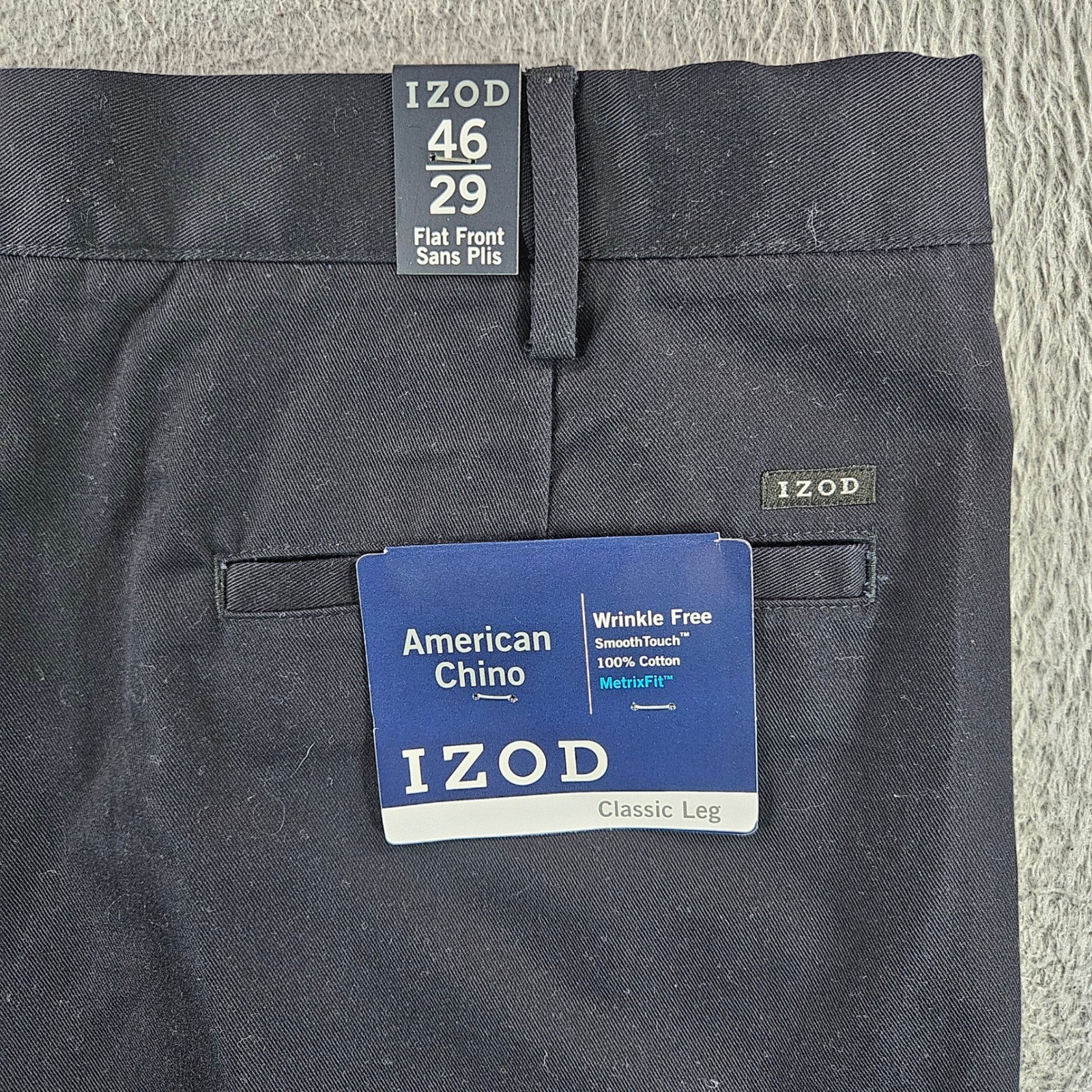 IZOD American Chino Mens 46×29 Black Wrinkle Free Flat Front Cotton Pants NEW