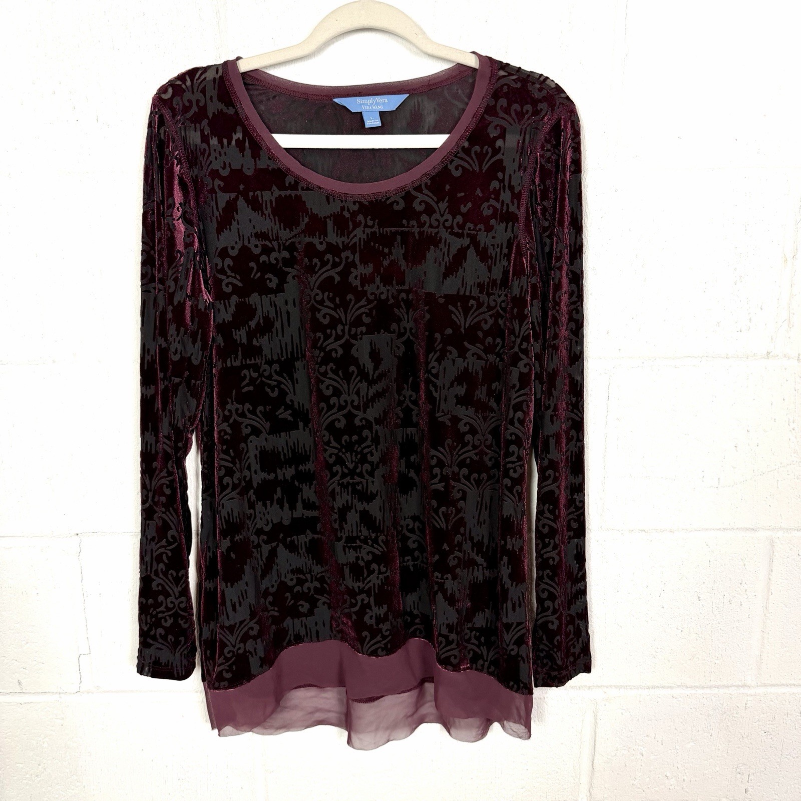Simply Vera Wang Velvet Burnout Top SZ L Wine Color Sheer Whimsigoth Dark Fairy