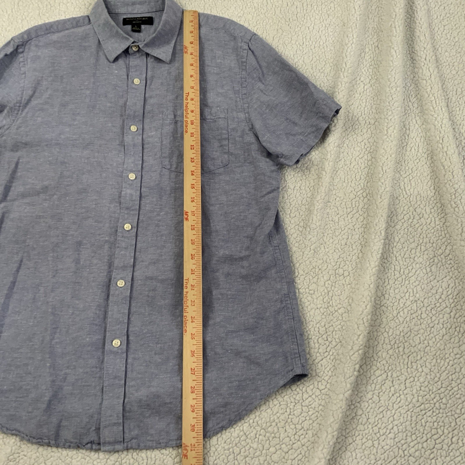 Banana Republic Men L Slim Fit Linen Blend Short Sleeve Button Front Shirt Blue