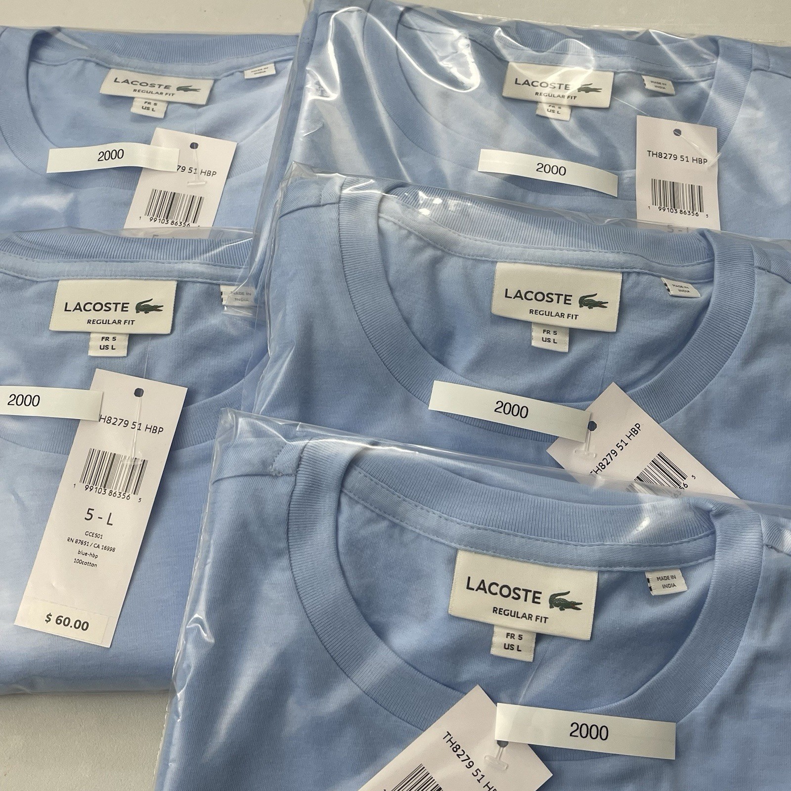 Lacoste T-Shirt Regular Fit Men’s L Solid Light Blue Cotton Logo Crew Neck NWT