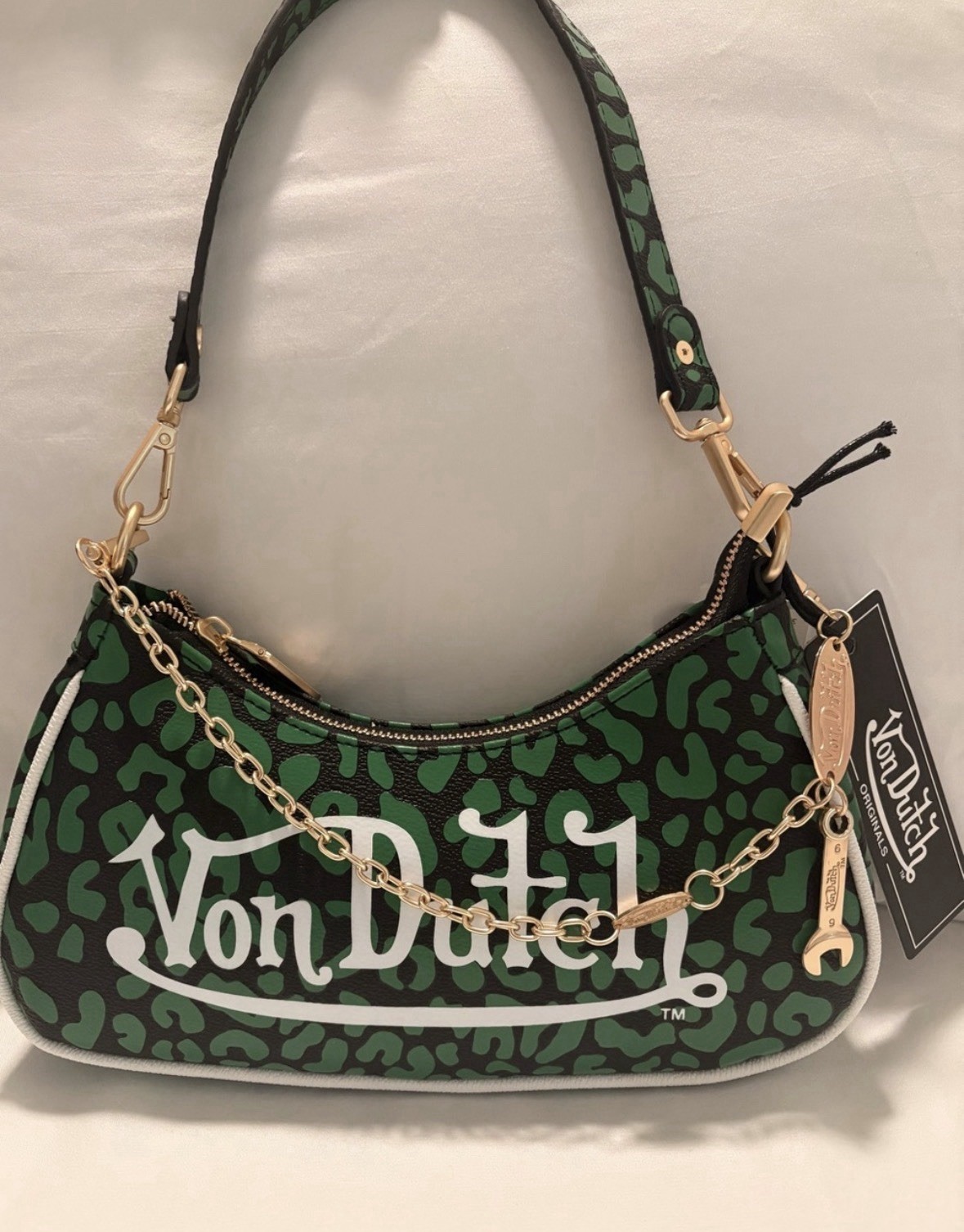 Von Dutch Green Cheetah Print Mini Shoulder Bag with Gold Chain – NWT