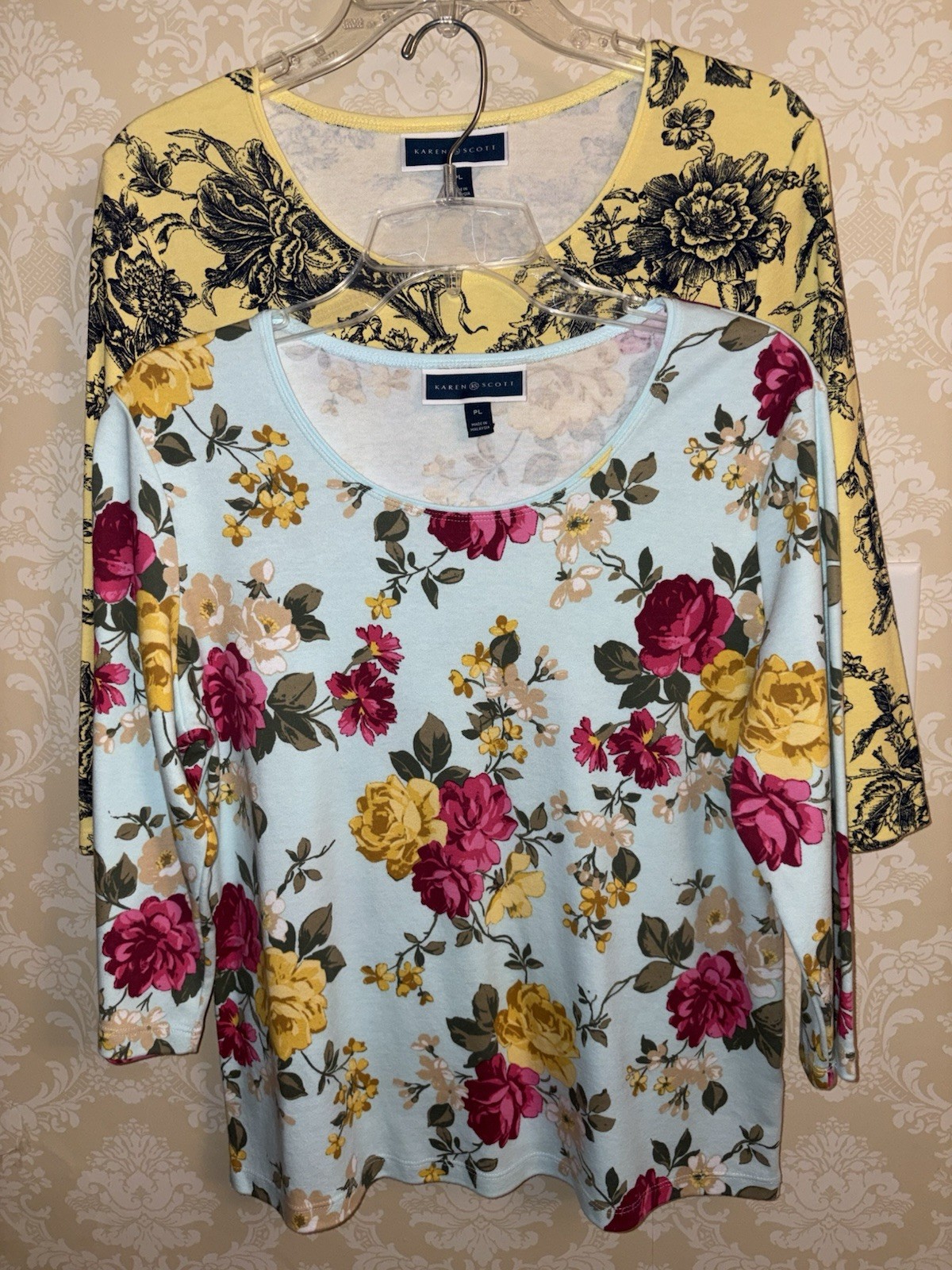 Karen Scott Petites PL Yellow Navy Mint Roses Floral Knit 3/4 Sleeve Tops 2 pcs