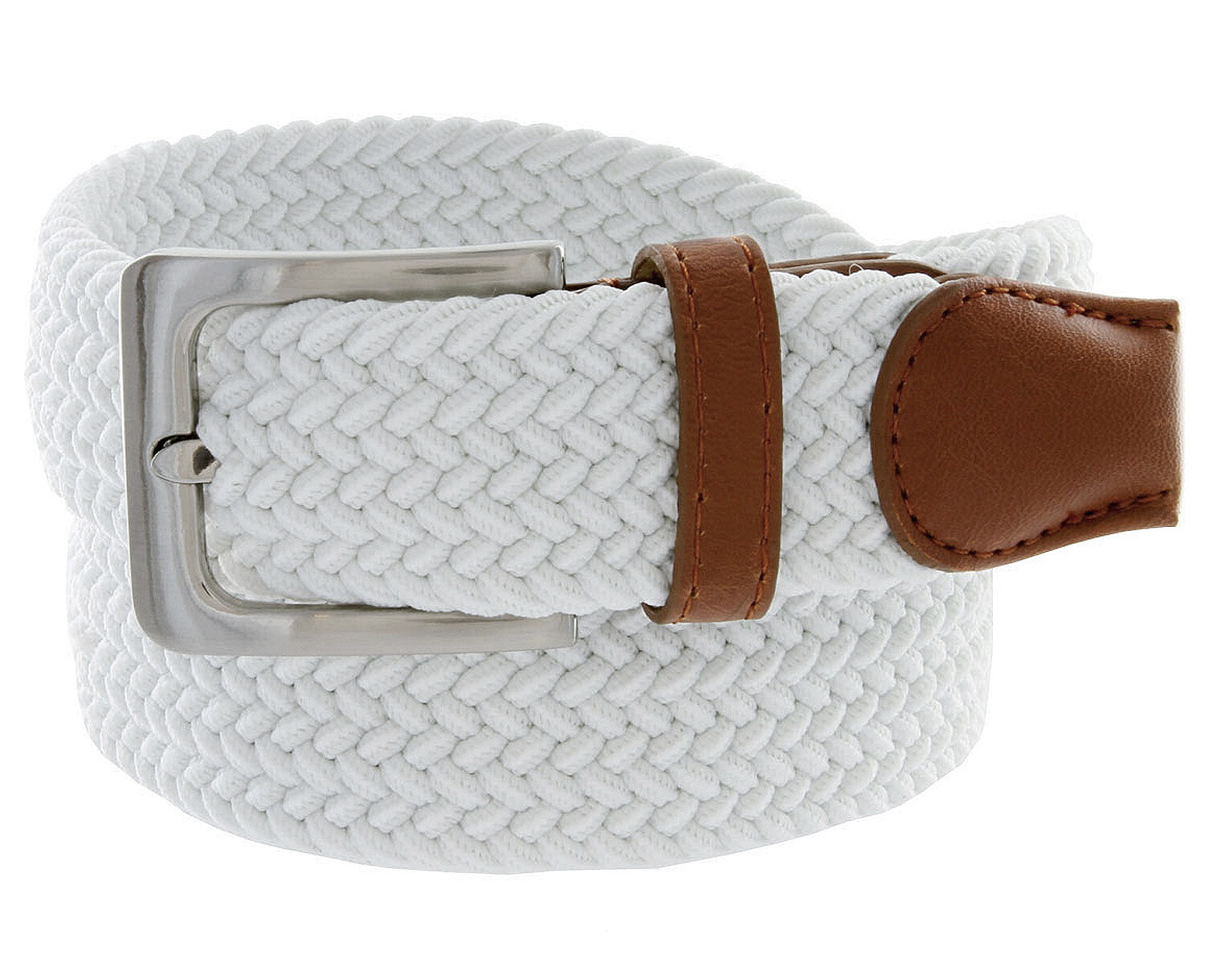 White Stretch Belt Braided Elastic Casual Weave Canvas Fabric Woven Belt 1-3/8″