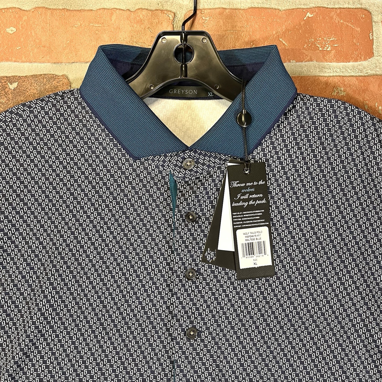 Greyson Golf Shirt Polo Wolf Tails Print XL Maltese Blue Polyester NWT MSRP $118