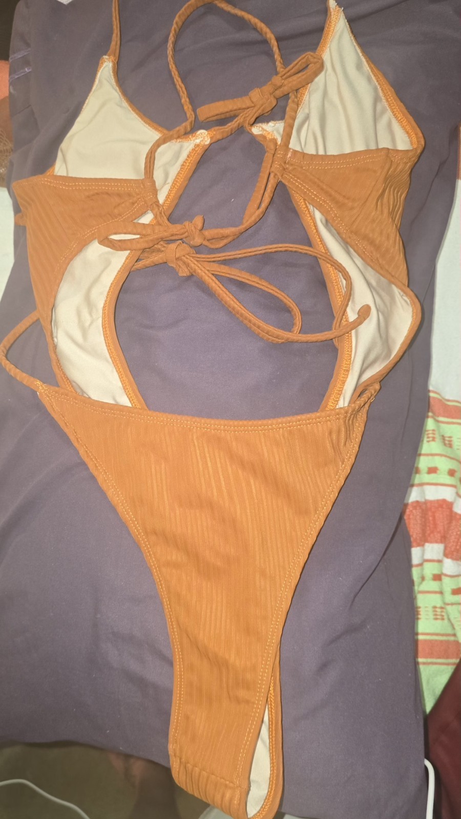 Women’s Orange Ribbed Cutout Halter One Piece Swimsuit Thong Tie Front L/one-sz