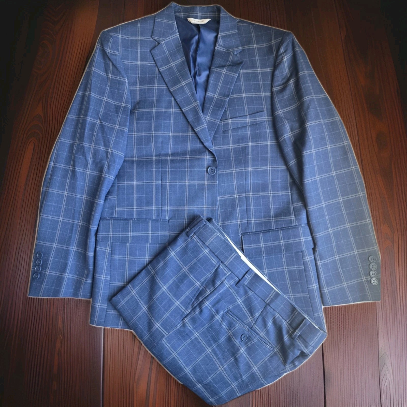Lineage Performance Stretch Fabric Blue Windowpane 2pc Suit Mens 50R Pants W44