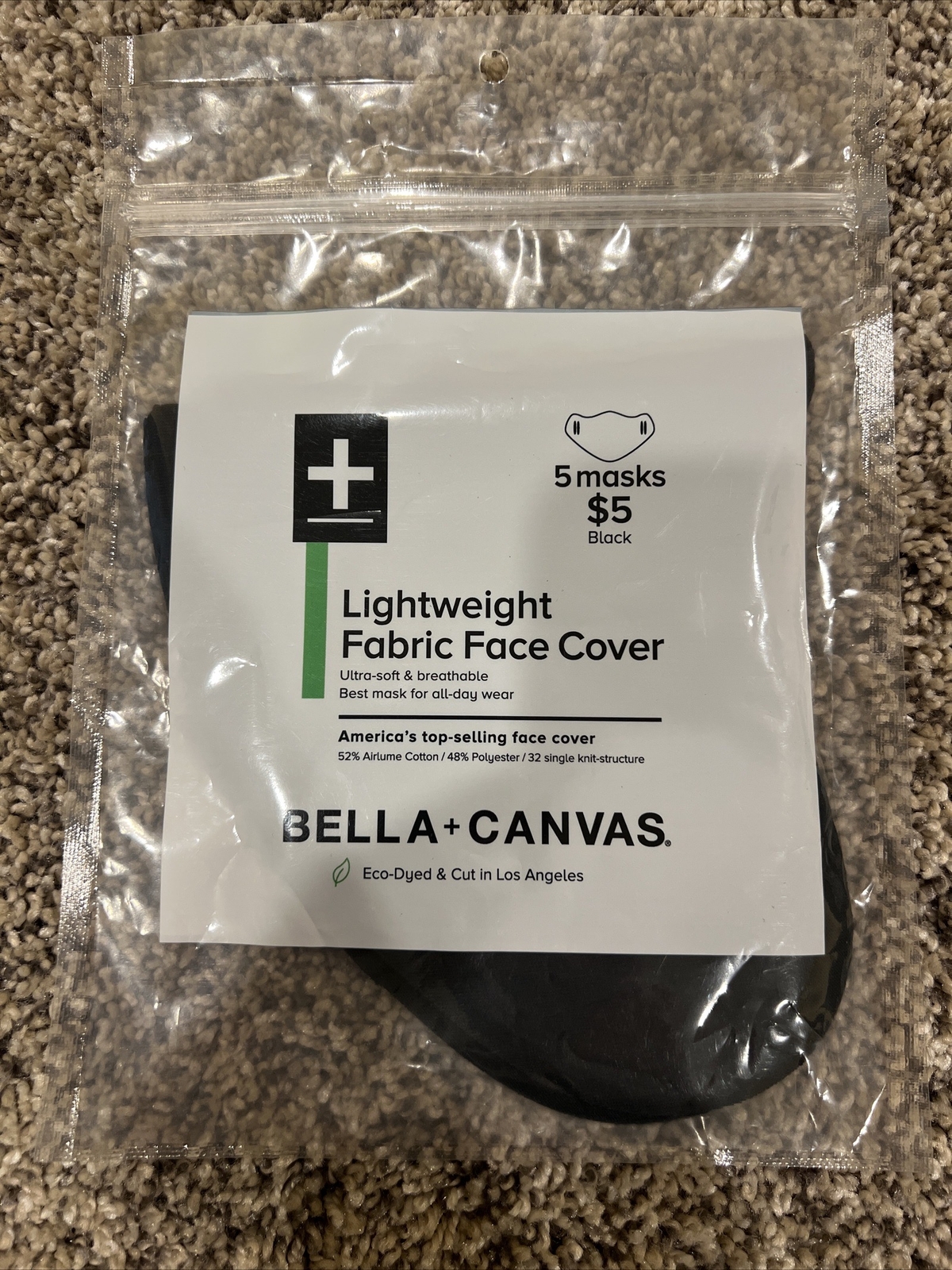 5 COUNT Bella+Canvas Face Mask, Lightweight, Black- NEW in Package