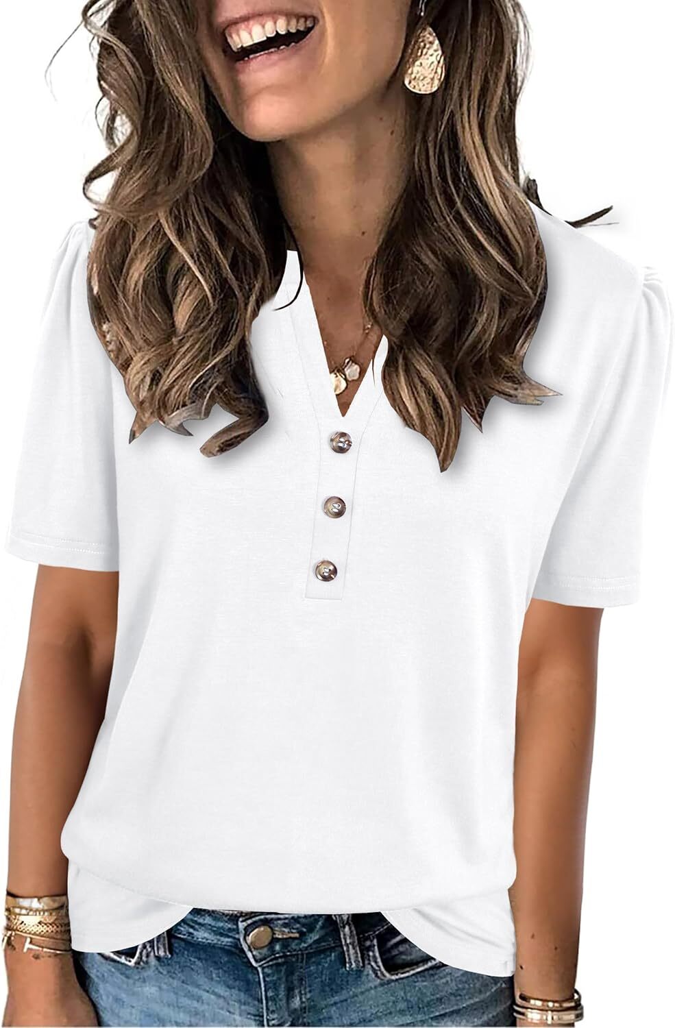 Short Sleeve Womens Casual Shirt Loose Fit V Neck Summer Top Soft Breathable